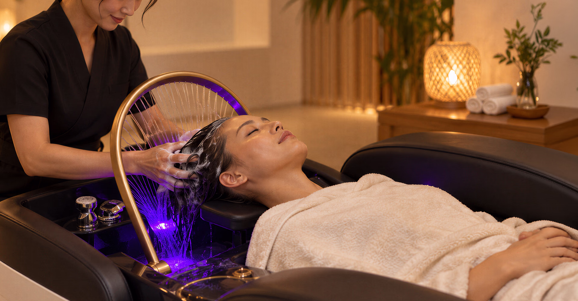 A woman's hair being washed at a head spa basin.