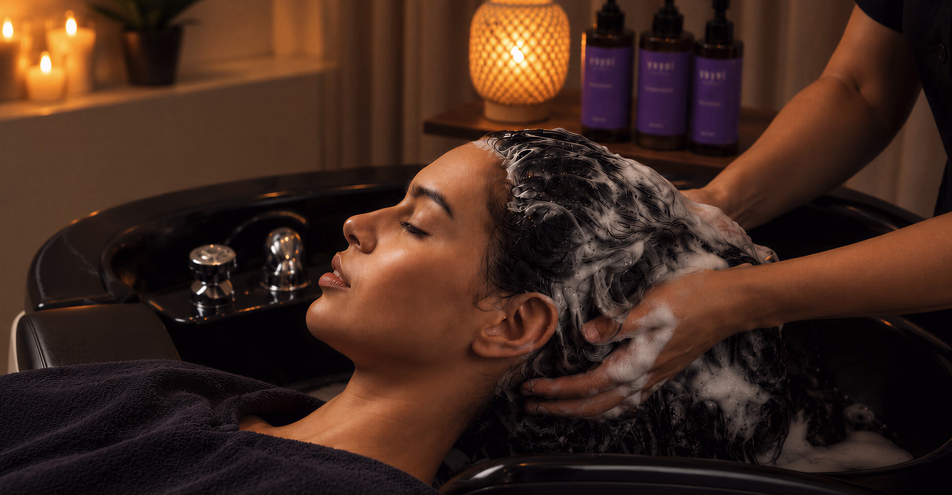 Hands massaging shampoo into a woman's hair at a head spa basin.