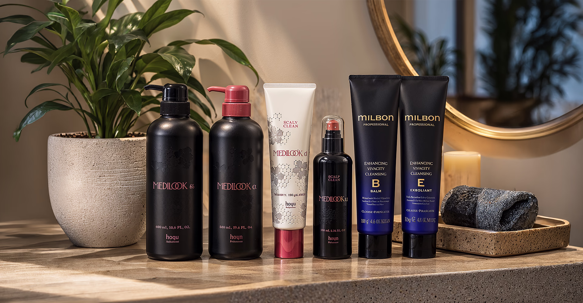 Hair and scalp care products displayed on a counter.